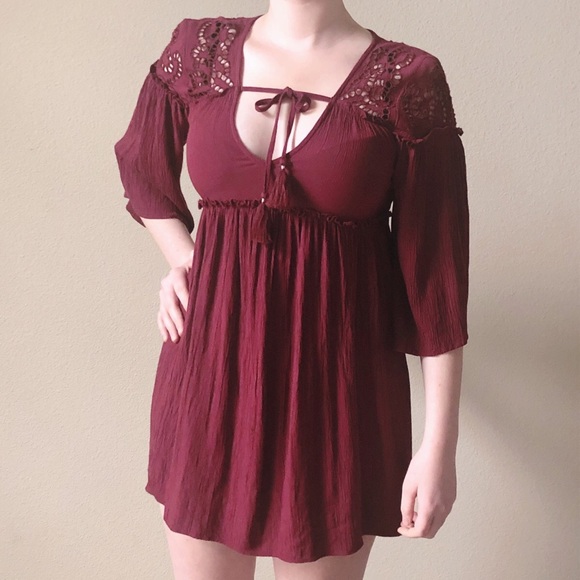 American Eagle Outfitters Burgundy Peasant Dress - Picture 1 of 8